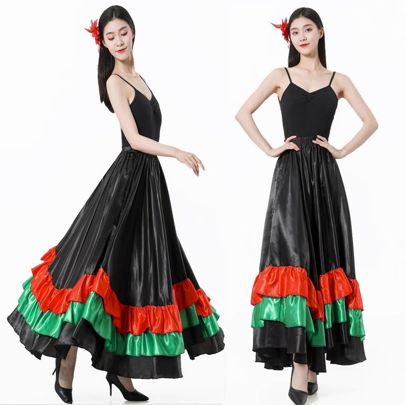 Backgarden Adult Ruffles Black Red Green Maxi Long Dance Skirt for Mexican Flamenco Halloween Costume (Black Skirt-Green/red Ruffles) - Image 5
